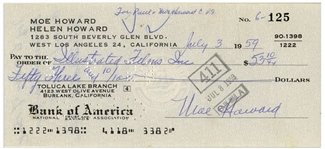 Moe Howard Lot of Two Checks Signed, Made out to Illustrated Films, Inc. Dated 3 July 1959, and Moe Feinberg, Larry's Brother, Dated 27 September 1974 -- Very Good Condition